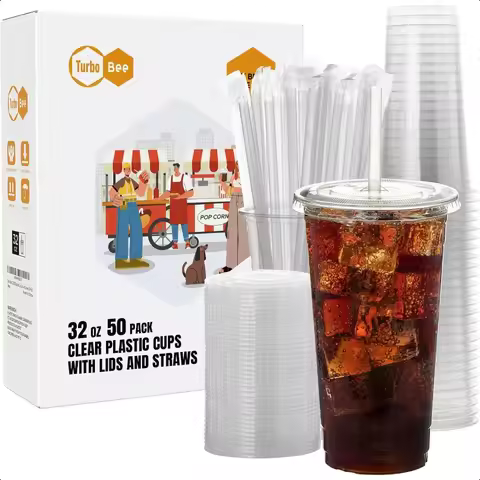 50 Sets 32 OZ Clear Plastic Cups with Lids and Straws To Go Iced coffee cups with lids for Cold Drin