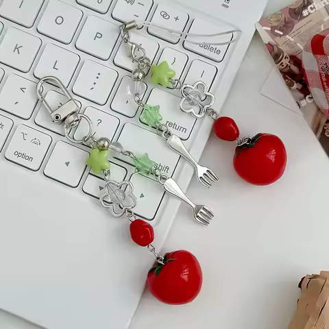 Korean Tomato Star Fork Keychain Phone Charm Cute Red Tomato Vegetable Food Beaded Key Chain Mobile 