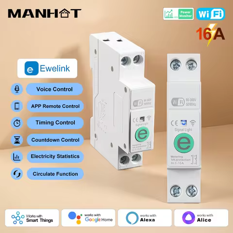 Ewelink 1P+N 16A WIFI Smart Circuit Breaker MCB Timer Relay Switch Energy Meter kWh Voltage Current 