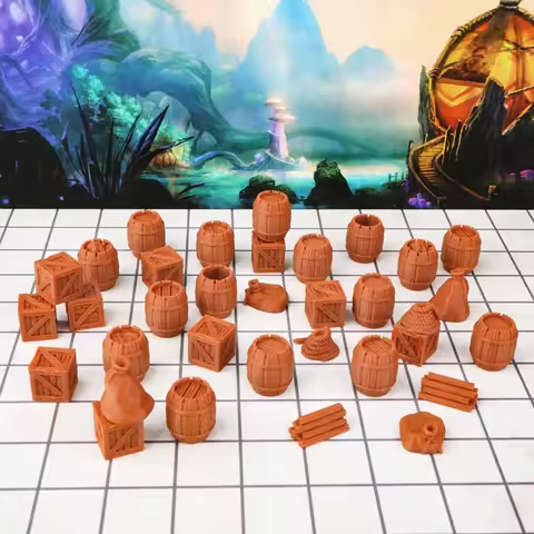 RPG Terrain Cargo Piles Miniatures Set, Barrel & Box and Cargo, 28mm Fantasy Terrain Accessories for