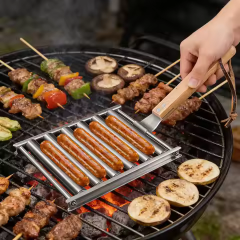 Sausage Roller BBQ Grill Rack Stainless Steel Hotdog Roller Grill Brackets Portable Non-Stick Barbec