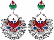 Indian Antique Silver Oxidized Afghani Gypsy Banjara Boho Designer Ethnic Ghungroo Bells Enamel Dangle Jhumka Jhumki Earrings Pink, alloy, No Gemstone