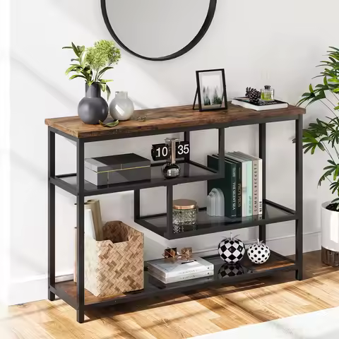 Console Table, 4-Tier Sofa Tables Narrow Entryway Table with Glass Shelf & Metal Frame, 39.4" Behind