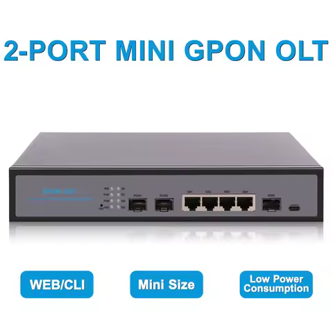 Mini GPON OLT 2PON FTTH, Low PowerConsumption, AC INPUT 100~240V, Uplink 10G SFP+ and 4*1G RJ45, WEB