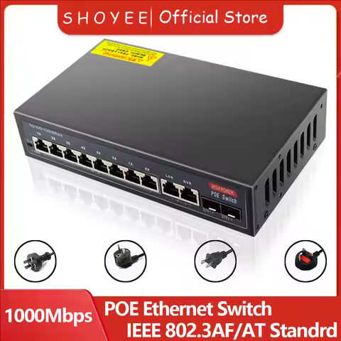 12-Port Gigabit Ethernet Switch with 8-PoE Ports and 2-RJ45 and 2-SFP Uplink Plug and Play