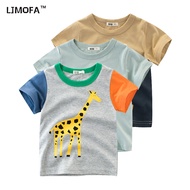 LJMOFA Boy T-shirt Cartoon Animal Giraffe Elephant Pattern Round Neck Short Sleeve Tops for 1-10Y Ba