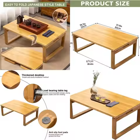Folding Bamboo Low Table for Floor Seating, Portable Japanese Style Dining Table, 60x40cm Rectangula