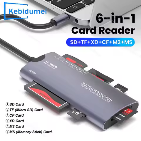 KEBIDUMEI 6In1 USB Type-C Card Reader SD TF CF MS XD M2 Memory Card Reader High Speed Data Transfer 