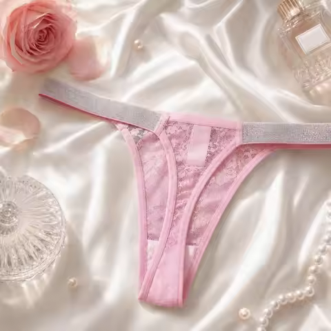 Comfortable Rhinestone Belt Women's Thongs Mesh Low Waist Lace Thongs Underwear Hollow Out T-back Br
