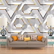Wallpaper Sticker Dinding GEOMETRIS 3D Abu Muda Gold Dekorasi Dinding Ruang Tamu Mewah Elegan cuman Kekinian