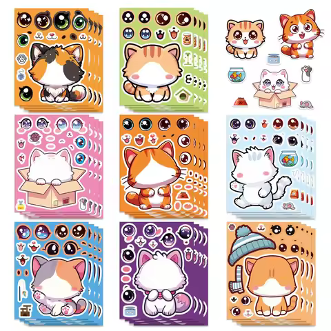 8 Pcs Cute Kitten Dress-Up Stickers - Cartoon Puzzle Kids' Toys, Waterproof Decor Decals for Noteboo