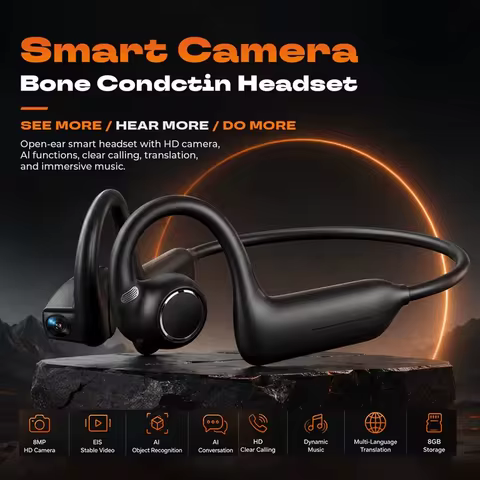 AI Camera Open Ear Headphones, 8MP HD Video Recording with EIS Image Stabilization, AI Translation &