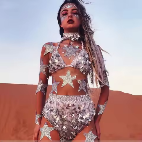Women Singer Stage Costume Holographic Burning Man Rave EDM Music Festival Star Seq Outfits Clothes 