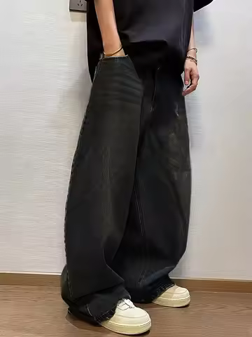 1Pc Men's Wide Pants Brushed Jeans Wide Jeans Y2K New Rocks Jeans Buggy Black Hip-Hop Pants