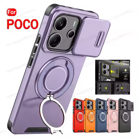 Folding Bracket Case For POCO X7 Pro Magnetic Phone Case For POCO X6 Pro Slide Camera Protect Cover 