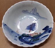 早期手繪風景景觀碗盤 碗公 老碗公 懷舊擺飾碗 -直徑21公分-有冰裂紋及缺角