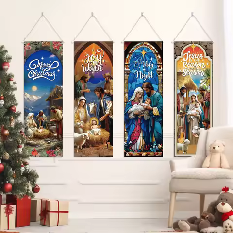 4 Pcs Christmas Church Banners Nativity Scene Banners Backdrops Xmas Religious Hanging Banners Jesus