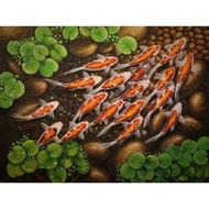 Hiasan Dinding Lukisan Cetak Ikan Koi Merah Oren Plus Bingkai Ukuran