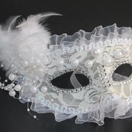 CF Mask White Feather Halloween Adult Dance Lace Mask Full Face Meeting Princess Mask Female Lace Party Half Face