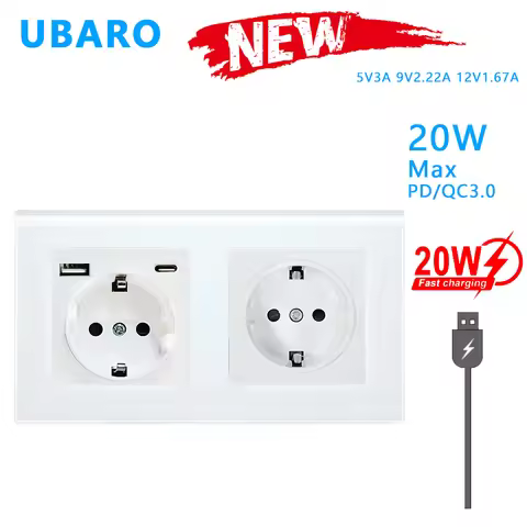 UBARO 153*82mm Tempered Glass Panel 5V3A Fast Charging USB Type C Wall Double Socket Home Power Outl