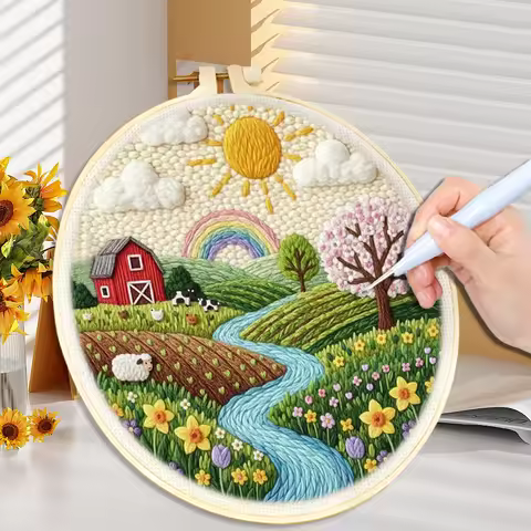 CHENISTORY Punch Needle Kit Spring Scenery Pattern For Adults Punch Needle Poke Embroidery Kit Lands