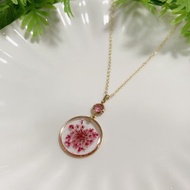 真花押花項鍊 紅蕾絲花鋯石項鍊頸鍊 18KGP項鍊 生日禮物