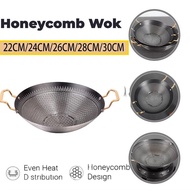 Kuali Honeycomb Original Stainless Steel Wok Kuali Hitam Tak Melekat Non Stick Wok 22cm/24cm/26cm/28