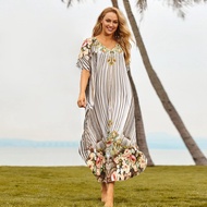 Summer Women's Kaftan Striped Floral Print Maxi Dress Baju Kelawar Casual Morden Baju Kelawar Abaya Robe Graceful Smock Dress Free Flowing Silhouette Long Tunic