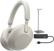 Sony WH-1000XM5 Wireless Noise Canceling Over-Ear Headphones (Silver) with Knox Gear 4-Port USB 3.0 Hub and Alloy Headphone Stand Bundle (3 Items)