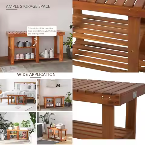Acacia Wood 3-Tier Shoe Rack Bench, Rustic Storage Organizer for Entryway, Hallway, Living Room in T