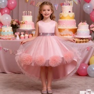 Girls' princess dress, floral tulle train gown, suitable for piano recitals, birthday parties, schoo
