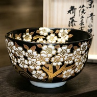 🇯🇵 日本京燒 清水燒 雲樂窯 抹茶碗  全手工手繪黑地金彩夜櫻抹茶碗 |  內外手繪立體櫻花 | 連原木箱 | 齋藤雲樂 | 日本抹茶碗 |  Black Gold Sakura Matcha Bo