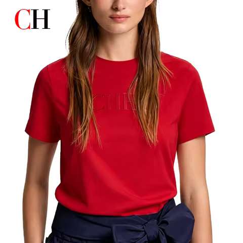 CH Women Red Cotton T-Shirt Embroidered Logo Casual Short Sleeve Top For Summer Daily Wear And Offic