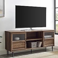 Walker Edison Modern Farmhouse Wood and Glass Stand with 2 Cabinet Doors 65" Flat Screen Universal TV Console Living Room Storage Shelves Entertainment Center, Without Fireplace, Rustic Oak