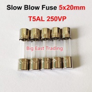 5pcs 5x20mm Slow Blow Fuse T2AL250VP T4AL250VP T5AL250VP T2AL T4AL T5AL 250V 2A 4A 5A Time-lag Glass