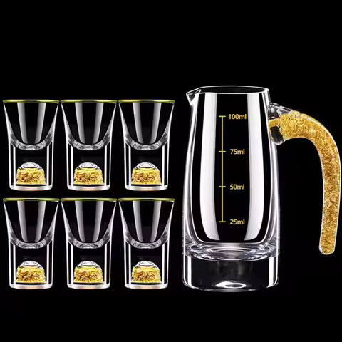 PIGE HOME 7pcs Gold Foil Shot Glasses White Wine Glass Dispenser Crystal Baijiu Maotai Small Glass O