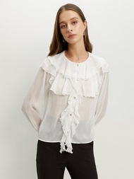 [Pomelo] เสื้อเบลาส์แต่งระบาย - สี Off / Ruffled Button-Up Blouse - Off