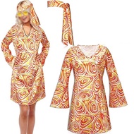 Halloween 70s Hippie Disco Costume Gogo Dress Headscarf+Dress Two-Piece Set