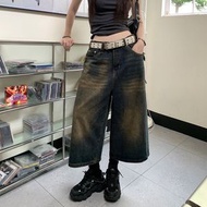 女裝美式復古做舊牛仔褲女高腰水洗寬鬆百搭闊腿七分褲