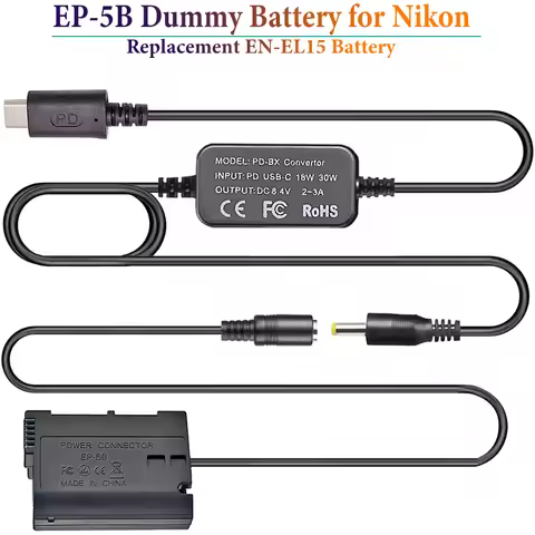 PD USB-C Convertor Cable to EP-5B DC Coupler EN-EL15 Dummy Battery for Nikon Z5 Z6 Z7 Z6II Z7II D500