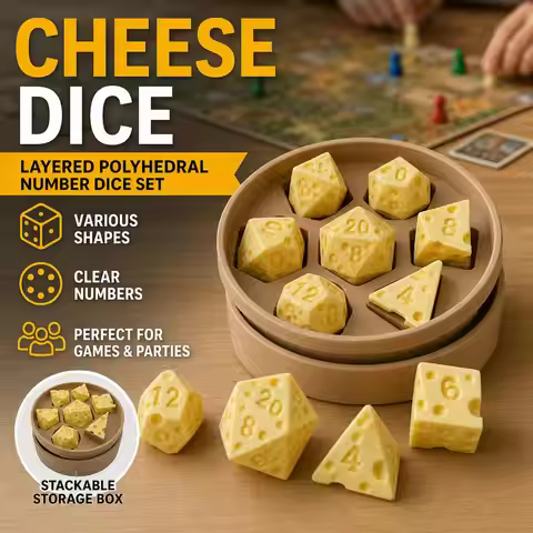 3D Printed Cheese Polyhedral Dice Set With Storage Box Novelty DND RPG Board Game D20 D12 D10 D8 D6 