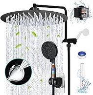 12" Round Shower Head Black Rain Shower Head with Handheld Dual Filter for Hard Water 10 Setting Handheld Showerhead Built-in 2 Power Wash with 12" Extension Arm &amp; Extra Handheld Shower Cartridge