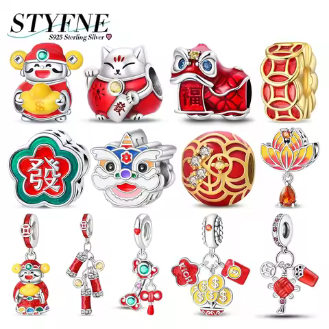 925 Chinese Elements Charms Bead The God of Wealth Lion Dance Maneki Neko Bead Pendant Fit Original