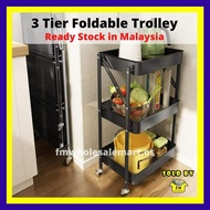 Easy Fold 3 Tier Multifunction Foldable Storage Trolley Rack Office Shelves Home Kitchen Rack Steel With Wheels