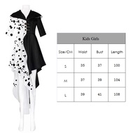 Movie Cruella De Vil Cotume For Adult Black White Witch Cosplay Dress Kid Girl Cruella Tuxedo Spotte