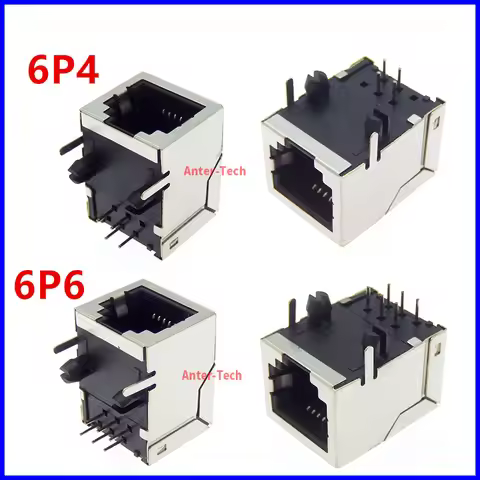 5PCS RJ12 RJ11 socket telephone 90 degrees 6pin crystal female 6p6c 6P4C 9803 6PIN 4Pin PCB Metal sh