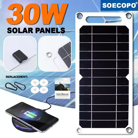 30W Solar Panel With USB Waterproof Outdoor Hiking And Camping Portable Battery Mobile Phone Chargin