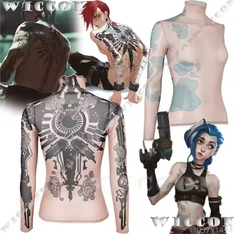 Jinx Vi Arance Anime Game LOL Cosplay Costume Tattoo Printed Flesh-colored Bodysuit Women Girl Hollo