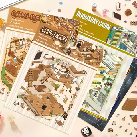 2Pcs Cat Bar, Latte Meow Island Scene 3D Landscaping Stickers DIY Stacking and Pasting Hand Account 