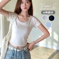 Vivi.q Genuine Shoulder U-Neck Short-Sleeved t-Shirt/Narrow-Waisted Short Top/Short Version t-Shirt 